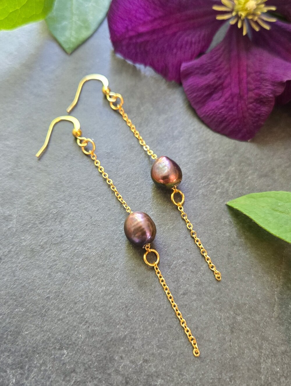 NWT Artisan Made 24k Gold Plated Peacock Pearl Drop Earrings
